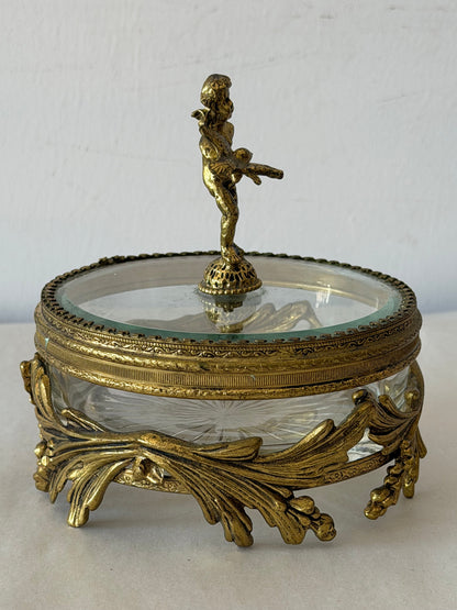 Frisman Vintage Vintage French Dore Bronze Mounted Glass Dish And Cover Cherub