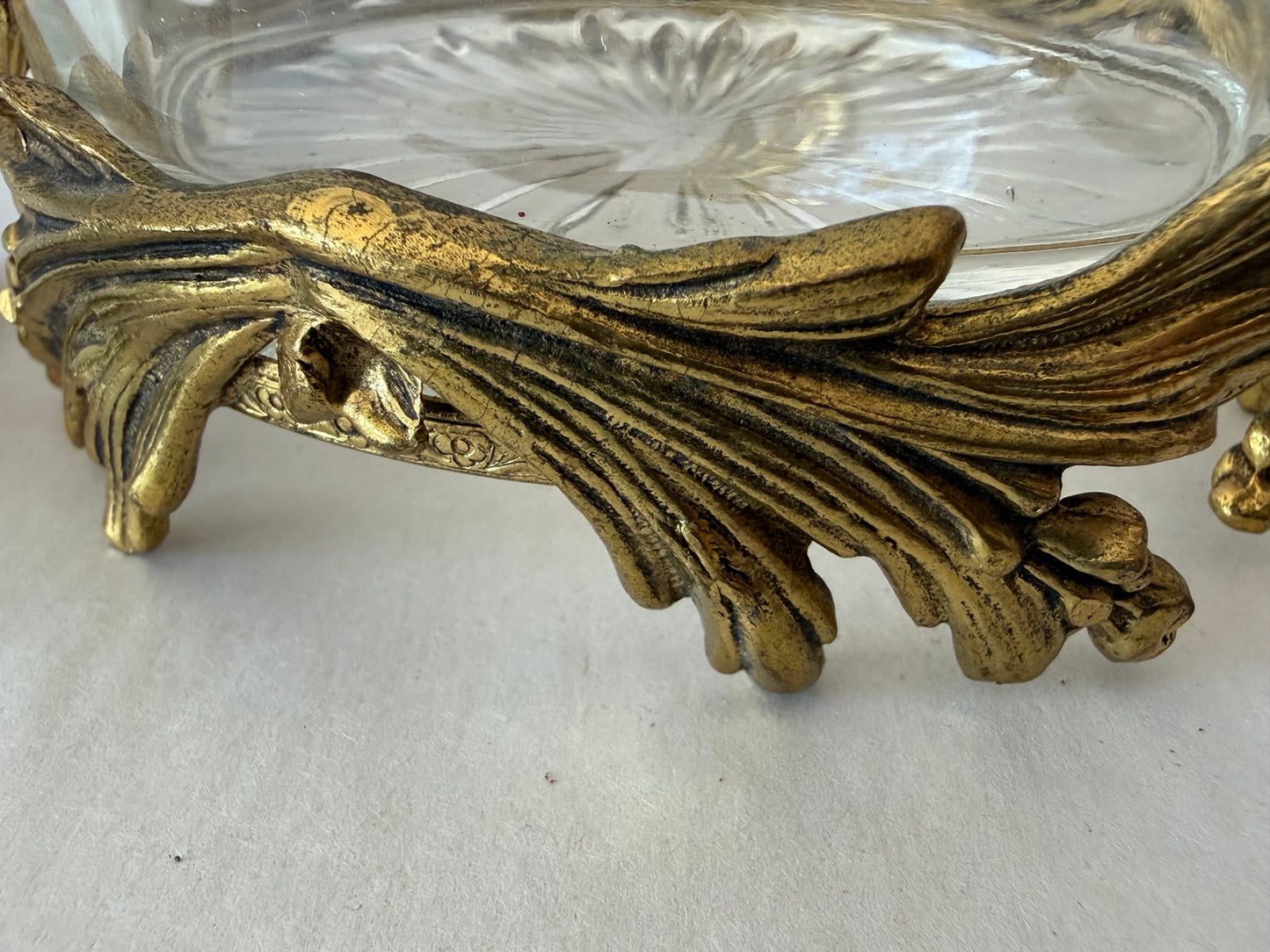 Frisman Vintage Vintage French Dore Bronze Mounted Glass Dish And Cover Cherub