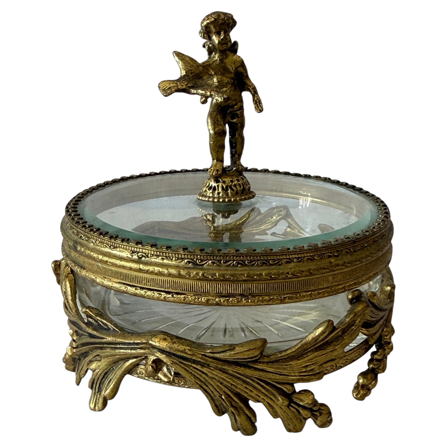 Frisman Vintage Vintage French Dore Bronze Mounted Glass Dish And Cover Cherub