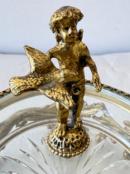 Frisman Vintage Vintage French Dore Bronze Mounted Glass Dish And Cover Cherub