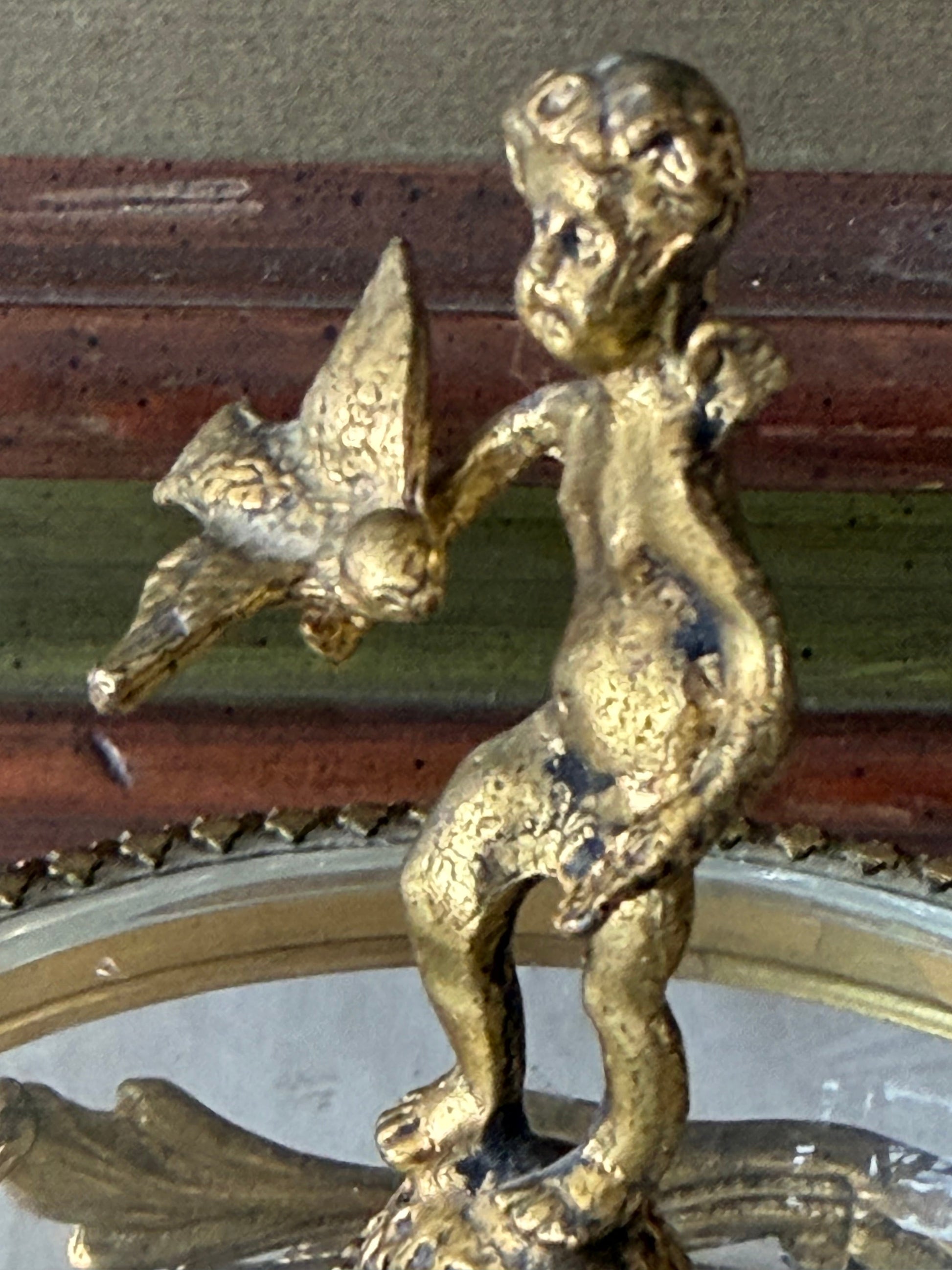 Frisman Vintage Vintage French Dore Bronze Mounted Glass Dish And Cover Cherub