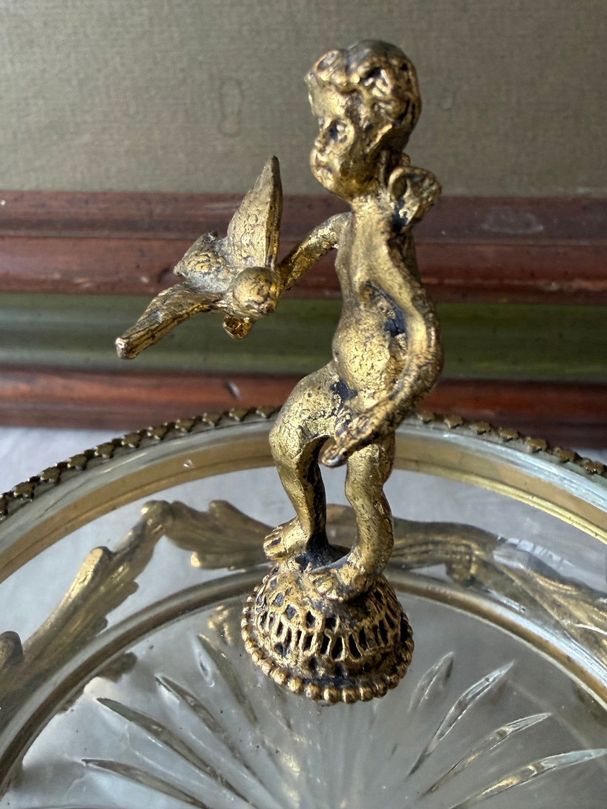 Frisman Vintage Vintage French Dore Bronze Mounted Glass Dish And Cover Cherub