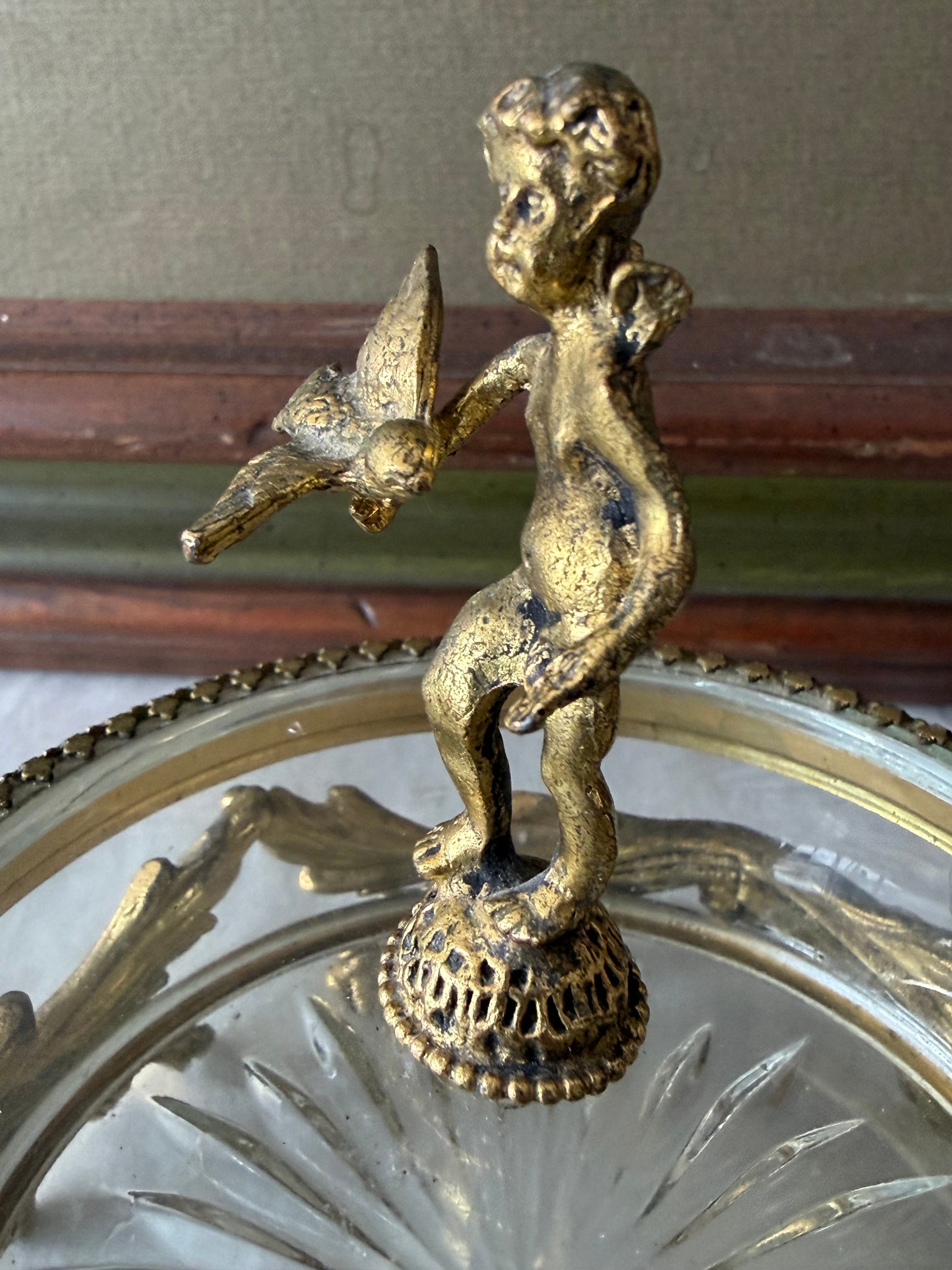 Frisman Vintage Vintage French Dore Bronze Mounted Glass Dish And Cover Cherub