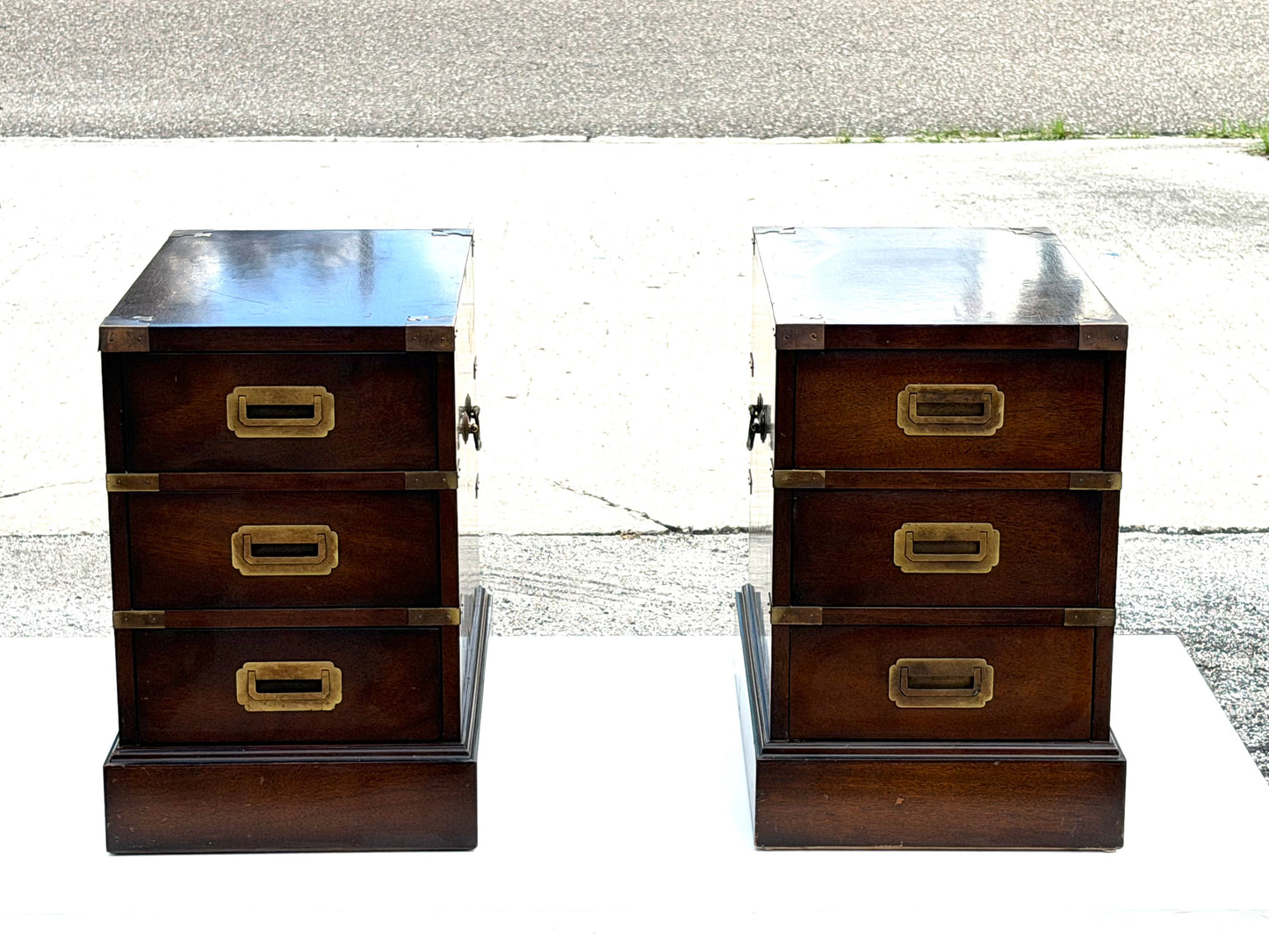 Frisman Vintage Vintage Campaign Style Three Drawer Chests Mahogany ca' 1960's