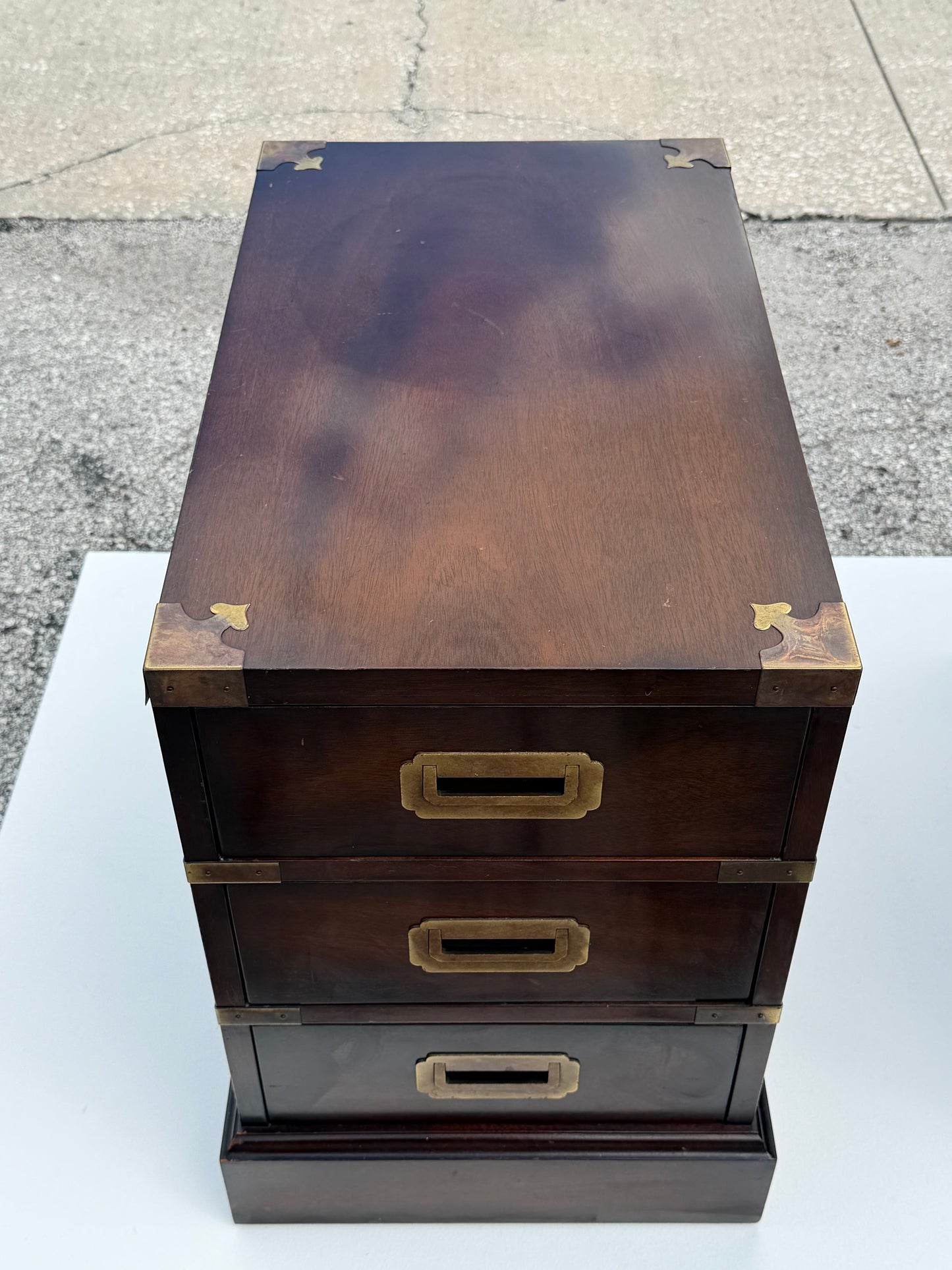 Frisman Vintage Vintage Campaign Style Three Drawer Chests Mahogany ca' 1960's