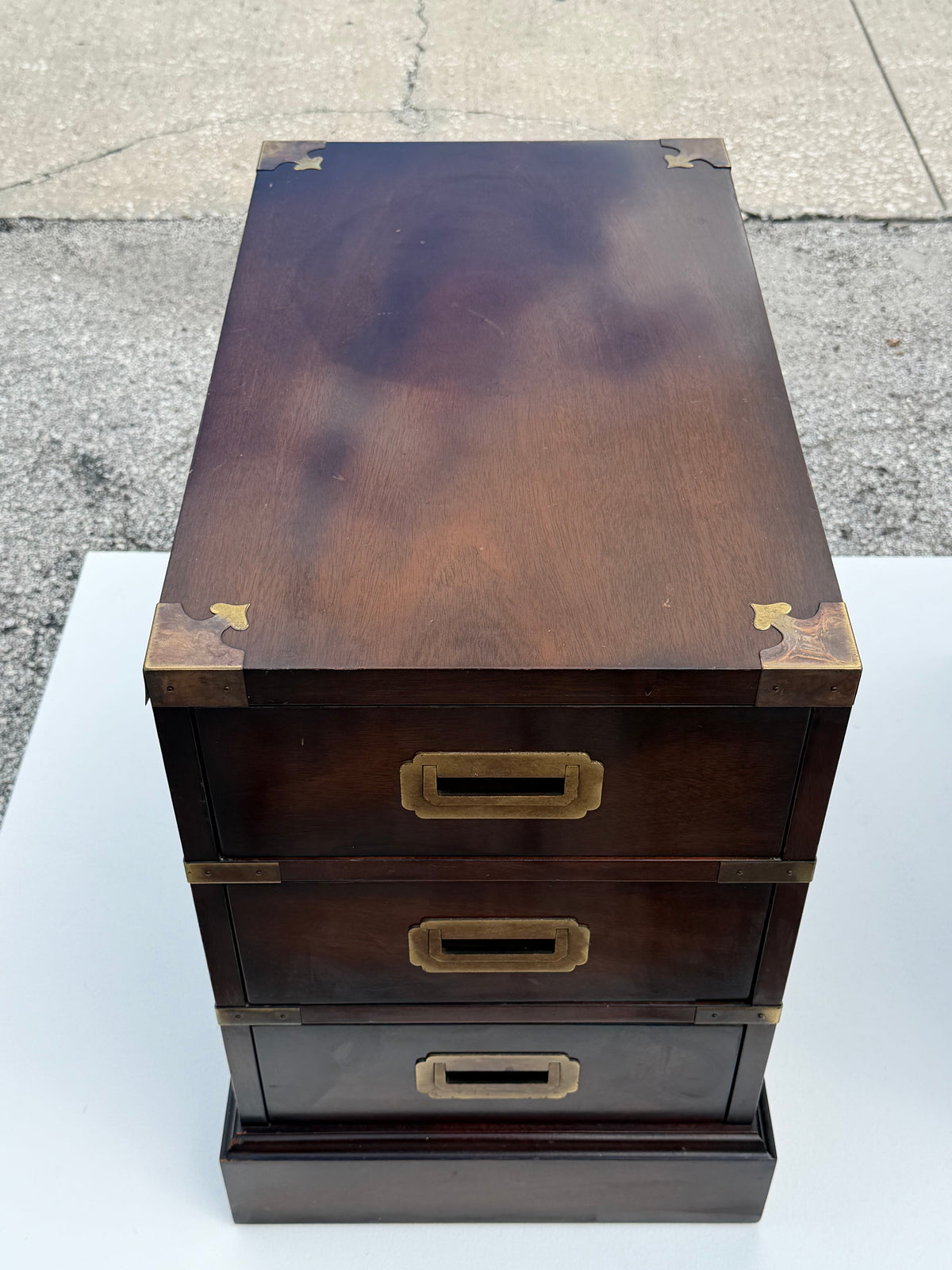 Frisman Vintage Vintage Campaign Style Three Drawer Chests Mahogany ca' 1960's