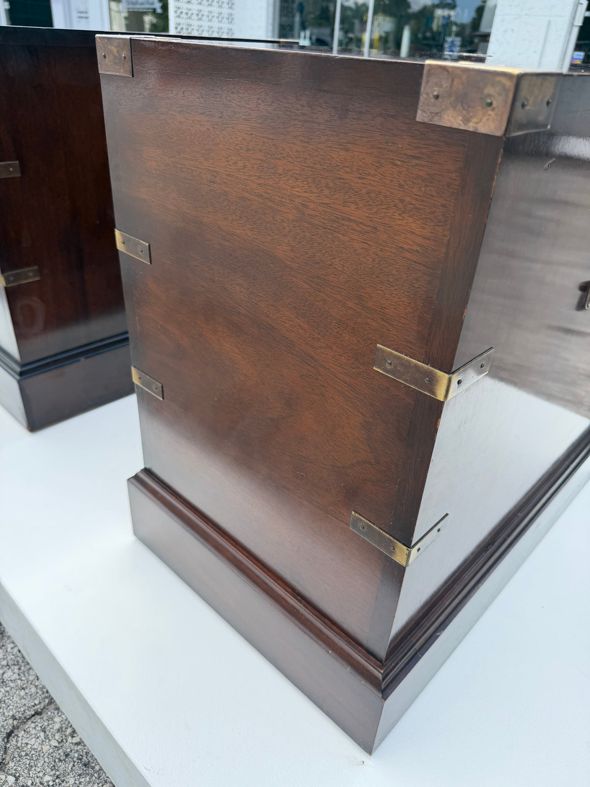 Frisman Vintage Vintage Campaign Style Three Drawer Chests Mahogany ca' 1960's