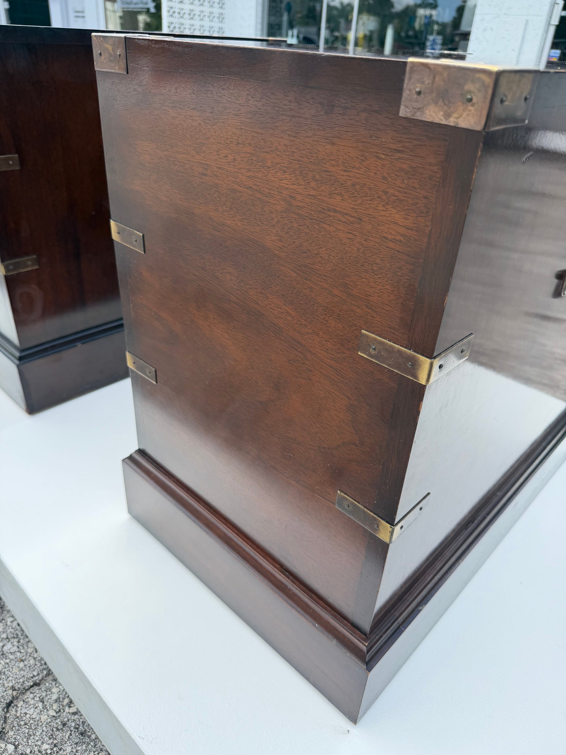 Frisman Vintage Vintage Campaign Style Three Drawer Chests Mahogany ca' 1960's