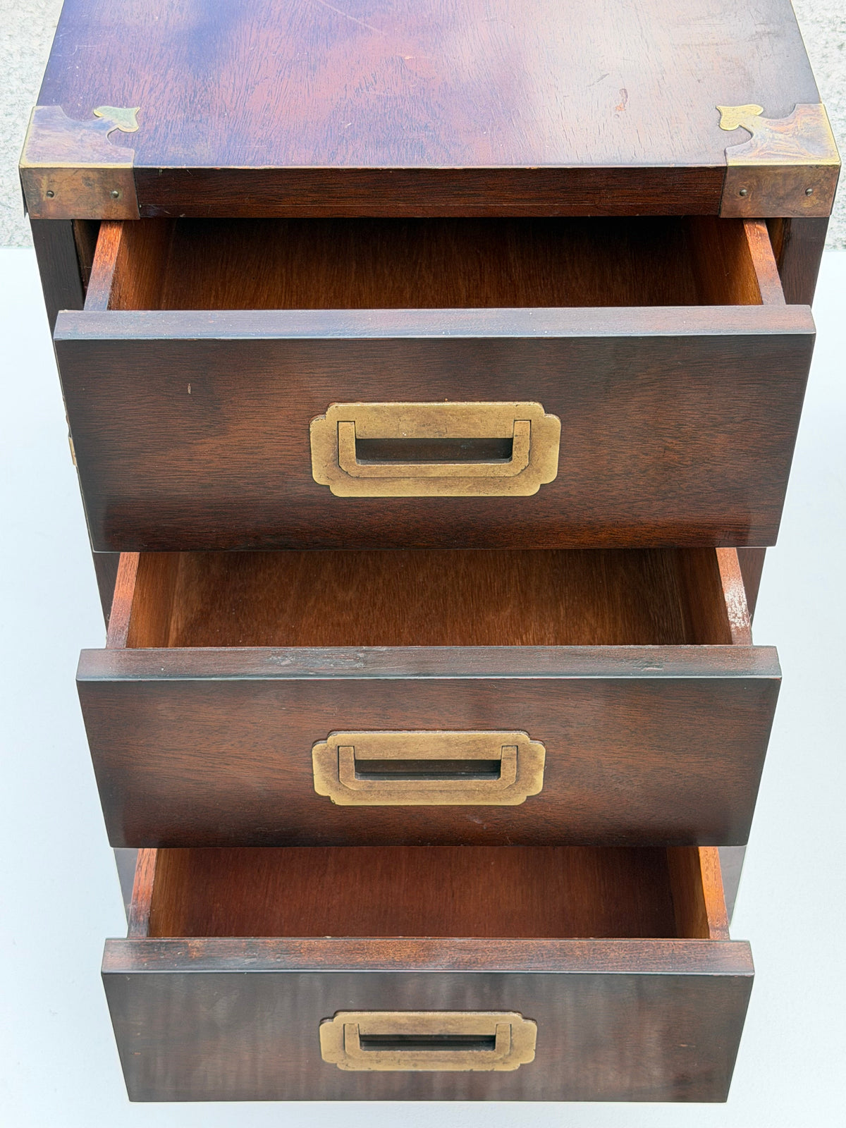 Frisman Vintage Vintage Campaign Style Three Drawer Chests Mahogany ca' 1960's