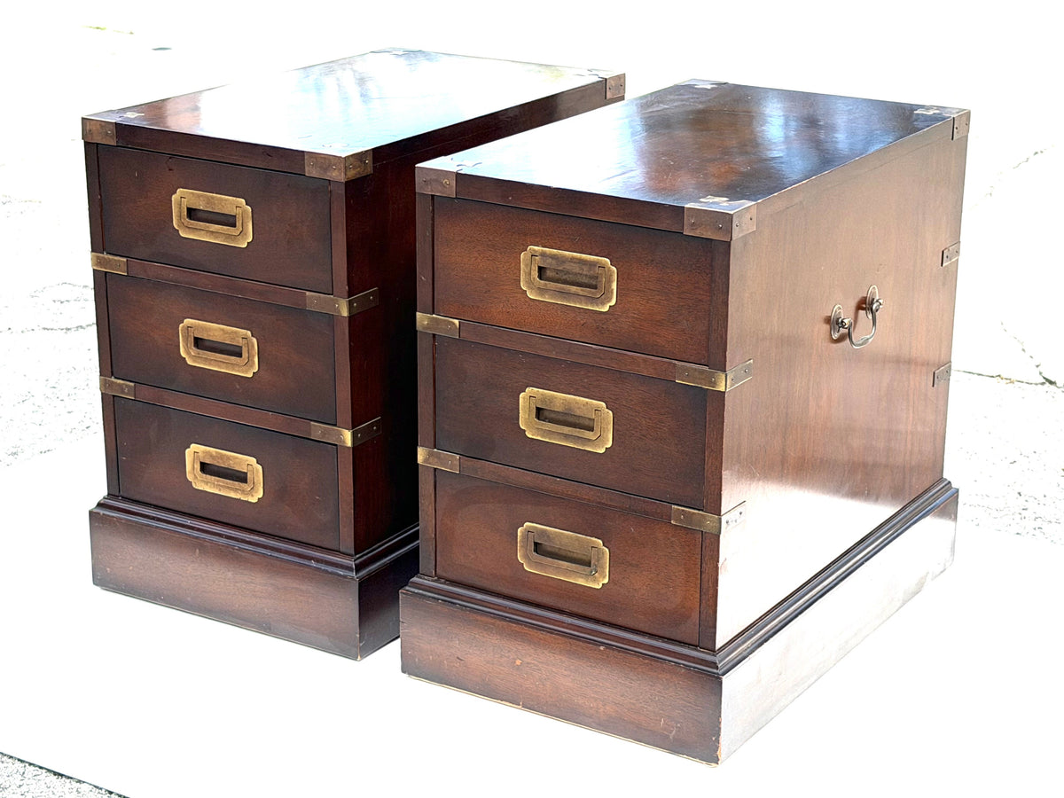 Frisman Vintage Vintage Campaign Style Three Drawer Chests Mahogany ca' 1960's