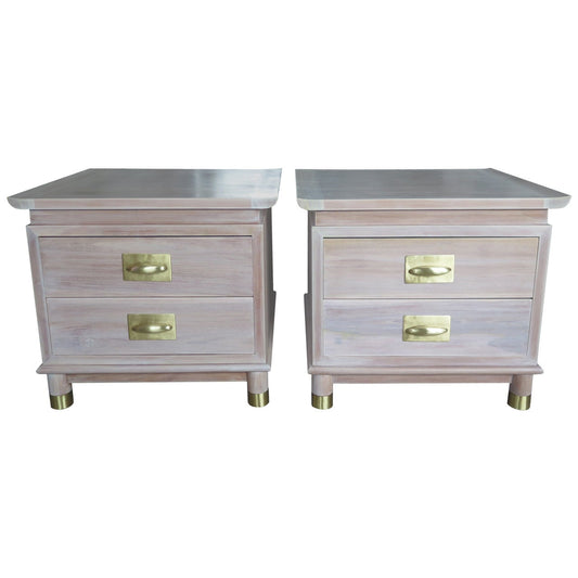 Frisman Vintage Pair of Elegant Chinese Style Nightstands with Polished Brass Hardware