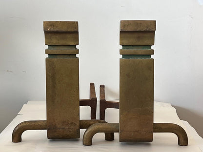 A Pair Of Bronze Modernist Andirons By Wah Chang Signed Ca' 1950's