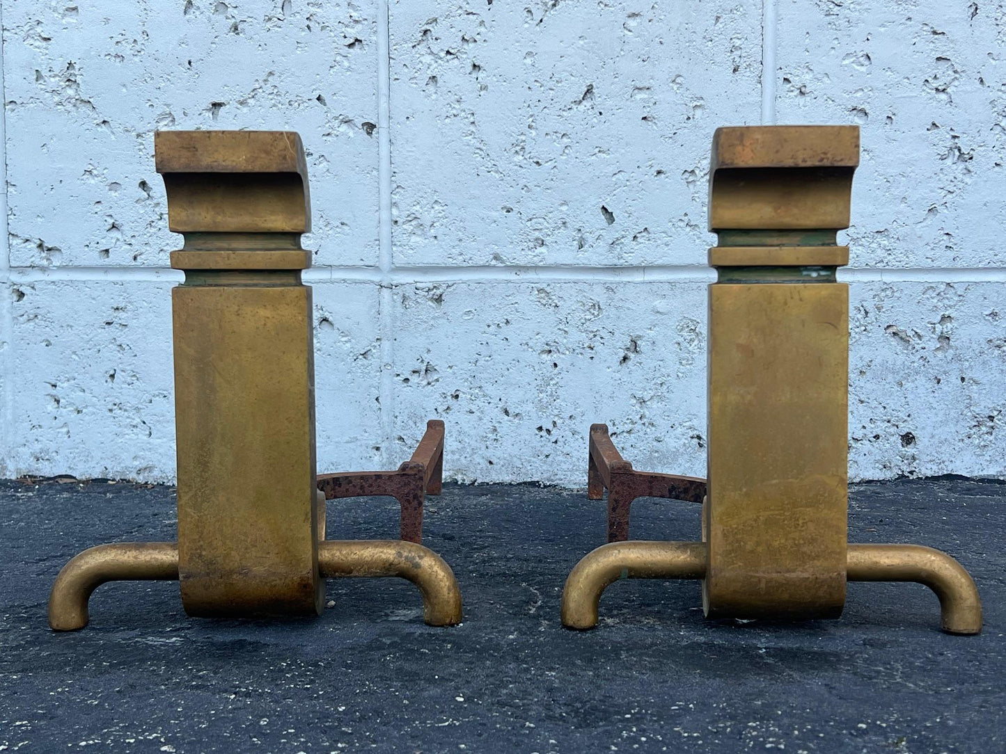 A Pair Of Bronze Modernist Andirons By Wah Chang Signed Ca' 1950's