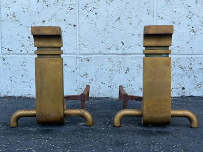 A Pair Of Bronze Modernist Andirons By Wah Chang Signed Ca' 1950's