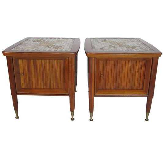 Frisman Vintage A Pair of Mid Century Walnut Nightstands with Tile Decoration