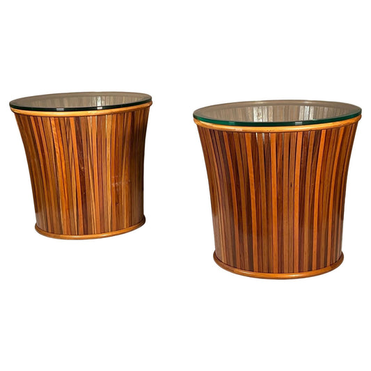 Frisman Vintage Pair of Slatted Side Tables with Glass Tops