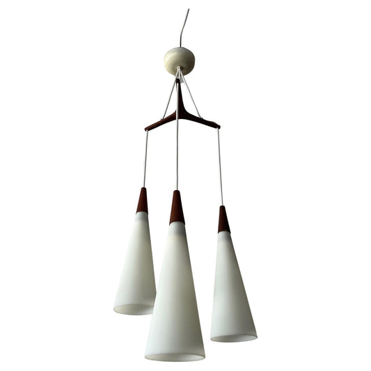 Frisman Vintage Danish Modern Chandelier Teak And Opaline Glass