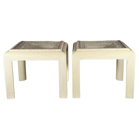 Frisman Vintage Pair of Post Modern Reed Tables Unusual Stone and Brass Tops