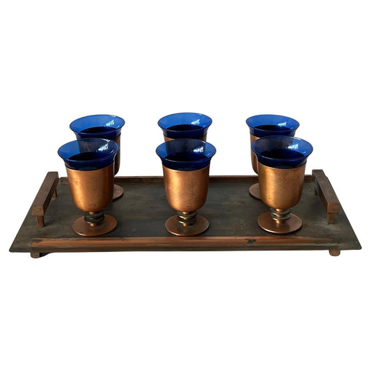 Frisman Vintage Modernist Art Deco Cobalt Glass and Copper Tray Drink Set