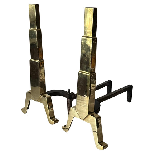 Frisman Vintage American Art Deco Andirons Polished Brass