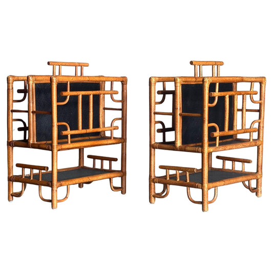 Frisman Vintage Vintage Pagoda British Colonial Style Bamboo and Cane Magazine Racks- a Pair