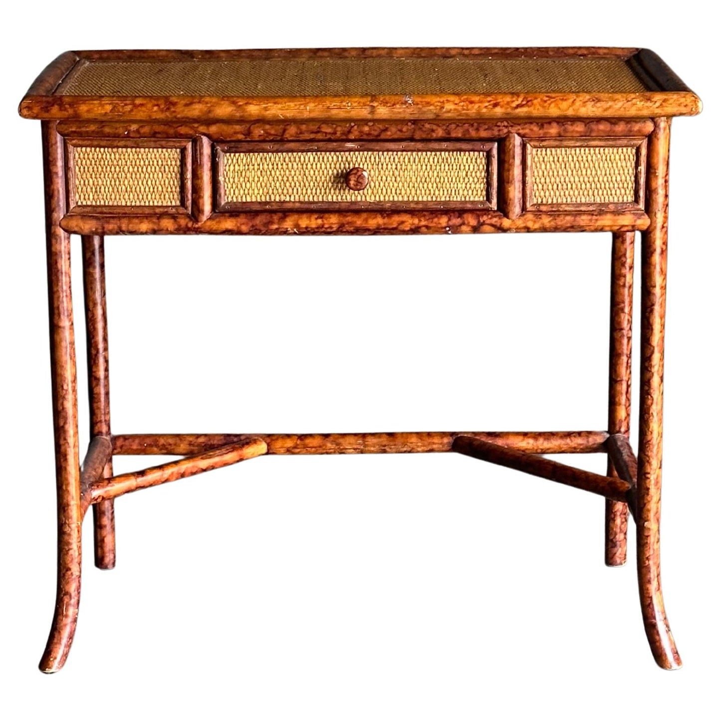 British Colonial Style Small Desk or Console Table, Faux Bamboo and Cane