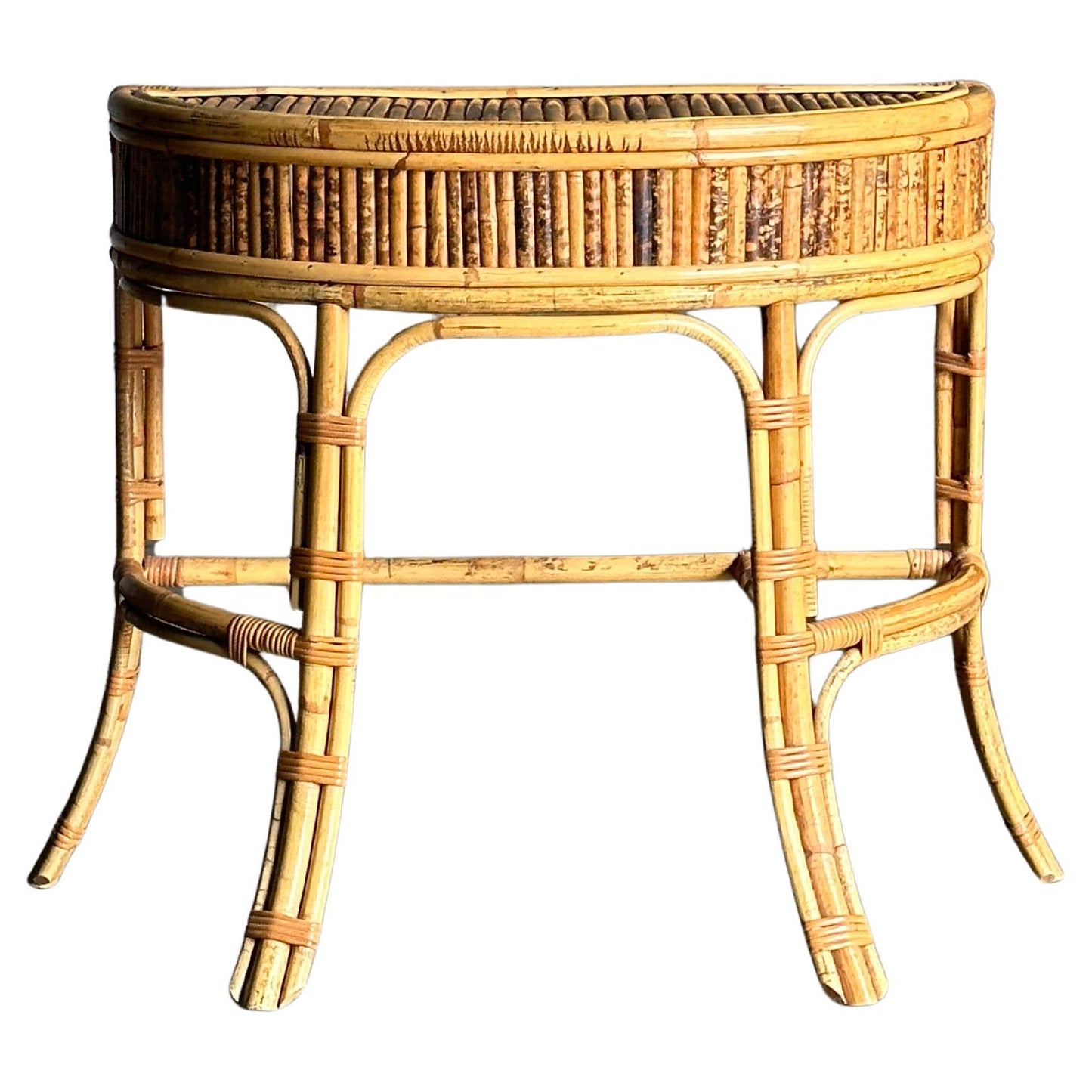 1970s Burnt Bamboo and Rattan Demilune Console Table