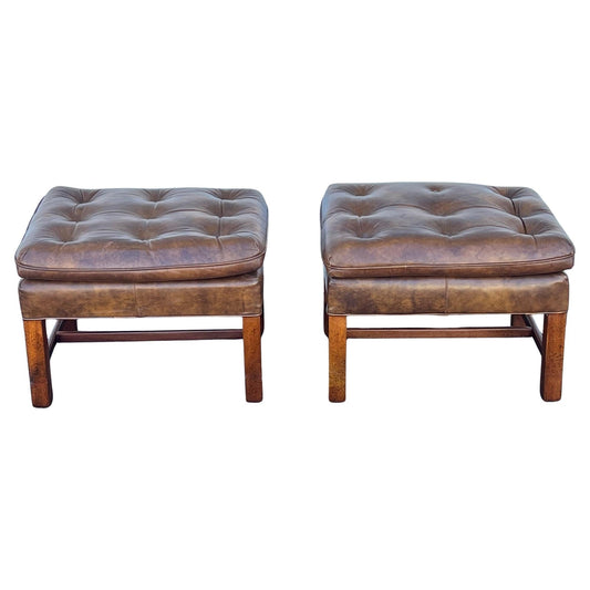 Frisman Vintage A Pair Of Classic Upholstered Stools In Brown Leather Ca' 1970's