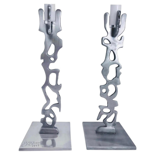 Frisman Vintage 1990s Pair Postmodern Memphis Industrial R W Stoller Brutalist  Candle Holders