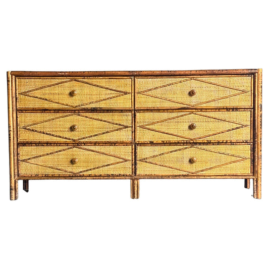 Frisman Vintage Vintage British Colonial Style Faux Burnt Bamboo and Rattan Lowboy Dresser