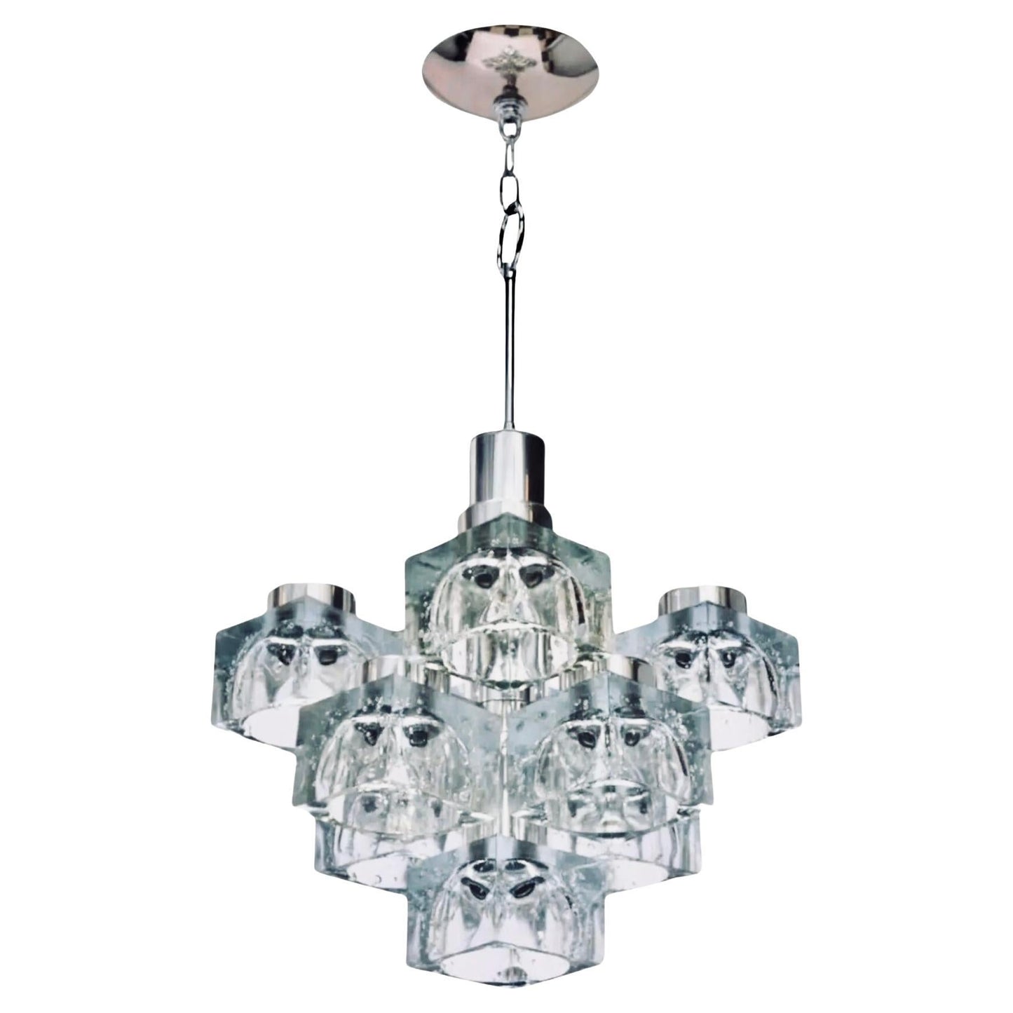 Frisman Vintage 70s MCM Gaetano Sciolari 9 Light Chrome Ice Cube Chandelier Lightolier Italy