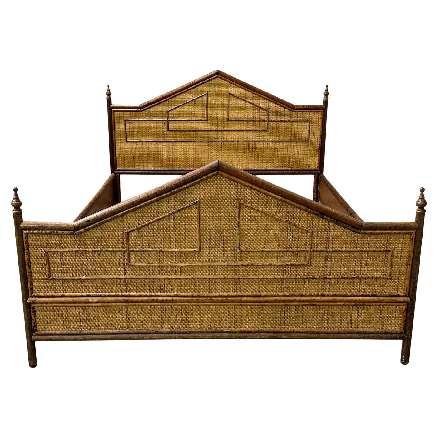 Frisman Vintage British Colonial Style Burnt Bamboo and Cane Queen Bed Frame