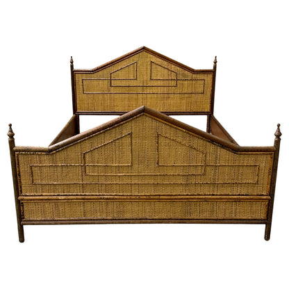 Frisman Vintage British Colonial Style Burnt Bamboo and Cane Queen Bed Frame