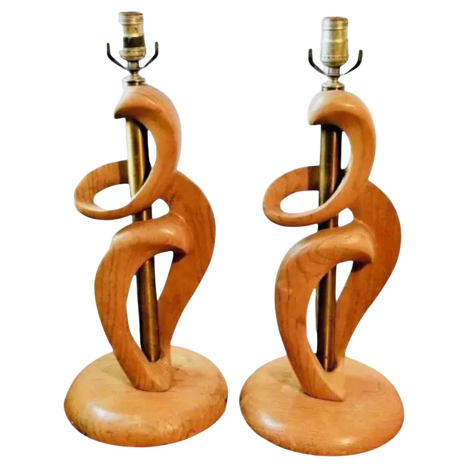 Frisman Vintage 1950s Mid Century Modern Jascha Heifetz Abstract Sculptural Wooden Table Lamps