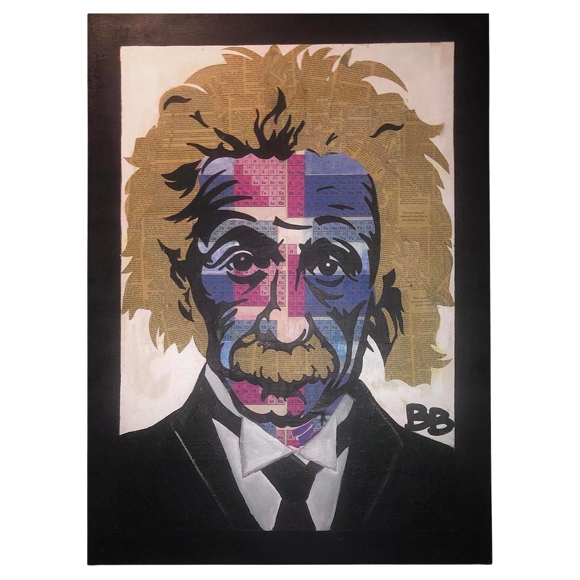 Frisman Vintage Pop Art Albert Einstein Original Portrait Mixed Media Collage Painting Signed