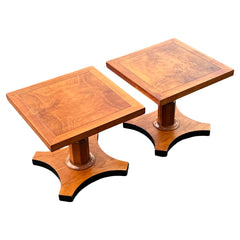Baker Furniture Pair of Pedestal Regency Style Burl Walnut Tables Ca' 1950's