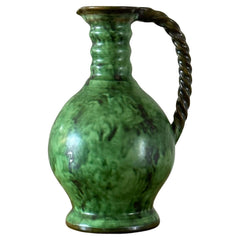 Erik Mornils Handled Pitcher Vase for Nittsjö Keramik, Sweden, Malachite Glaze