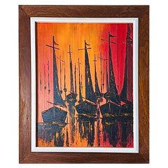 1970s Vintage W. Kwan Mid Century Modern Fiery Sailboats Nautical Oil Painting