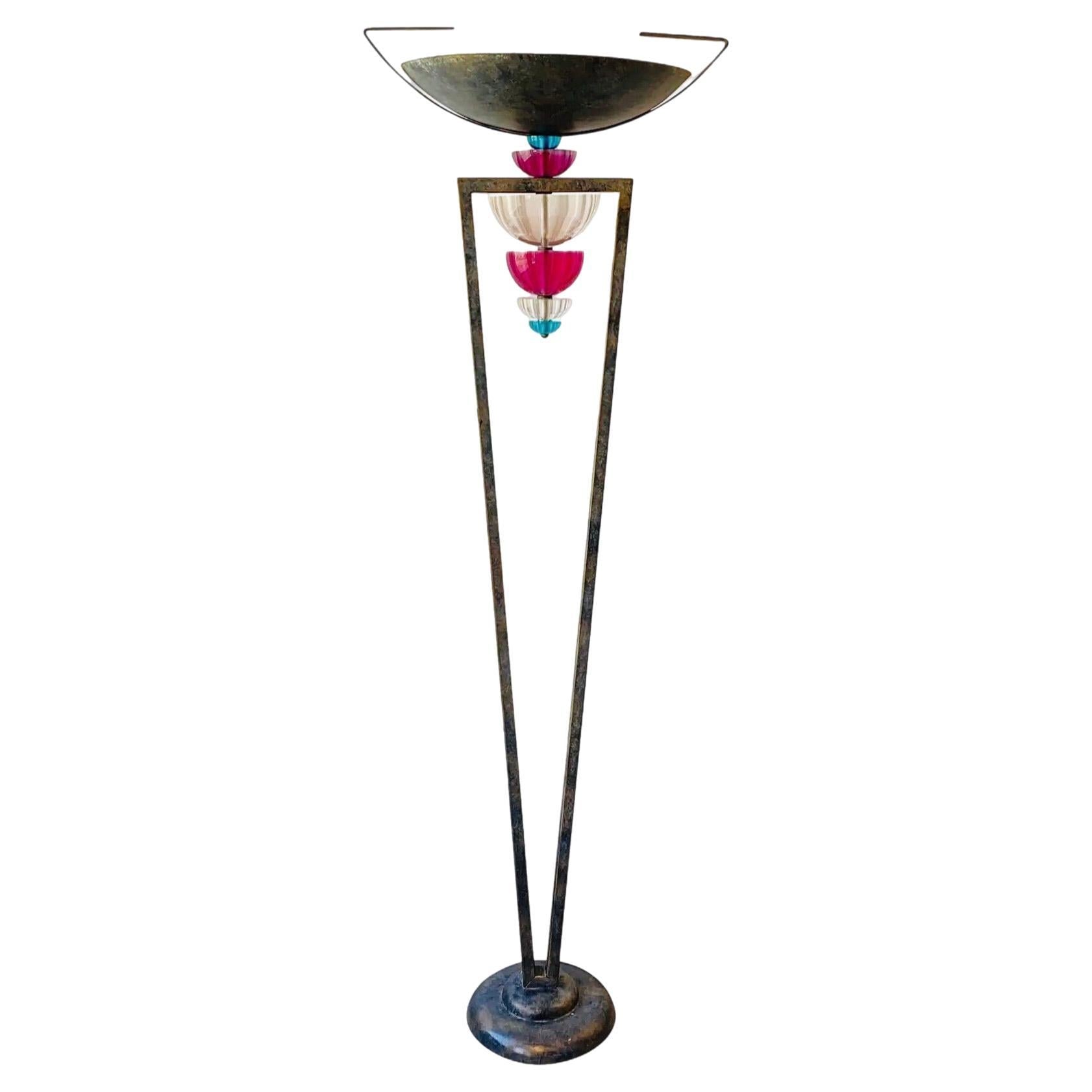 Frisman Vintage 80s Vintage Hivo Van Teal Post Modern Art Deco Torchiere  Lucite Floor Lamp