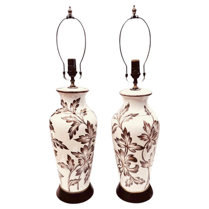 Frisman Vintage Pair Antique English Porcelain Lamps with Hand Painted Victorian Floral Design
