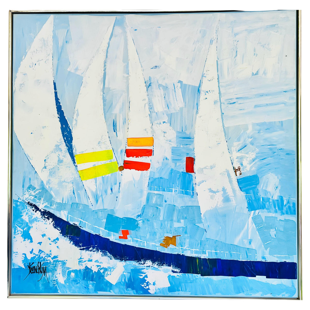 Frisman Vintage Huge Vintage Kyung Kim MCM Abstract Cubist Sailboat Racing Nautical Oil Painting