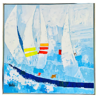 Frisman Vintage SALE Vintage Kyung Kim MCM Abstract Cubist Sailboat Racing Nautical Oil Painting