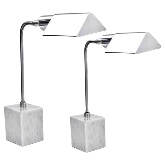 Frisman Vintage Pair Koch Lowy Mid Century Modern OMI Chrome Table Lamp Carrara Marble Base