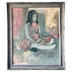 50s Mid Century Modern Tscharfinger Picasso Homage Girl Pink Dress Oil Painting