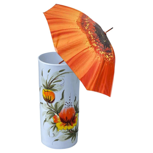 Frisman Vintage 60s MCM Hand Painted Orange Poppy Flower Ceramic Umbrella Stand Holder Italy