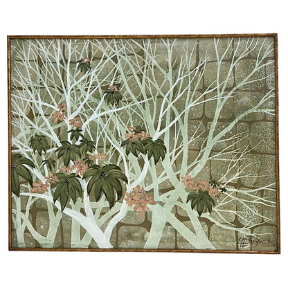Frisman Vintage Huge Vintage Mid Century Lee Reynolds Asian Oil Painting Faux Gold Bamboo Frame