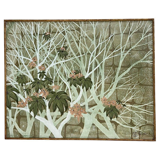 Frisman Vintage Huge Vintage Mid Century Lee Reynolds Asian Oil Painting Faux Gold Bamboo Frame
