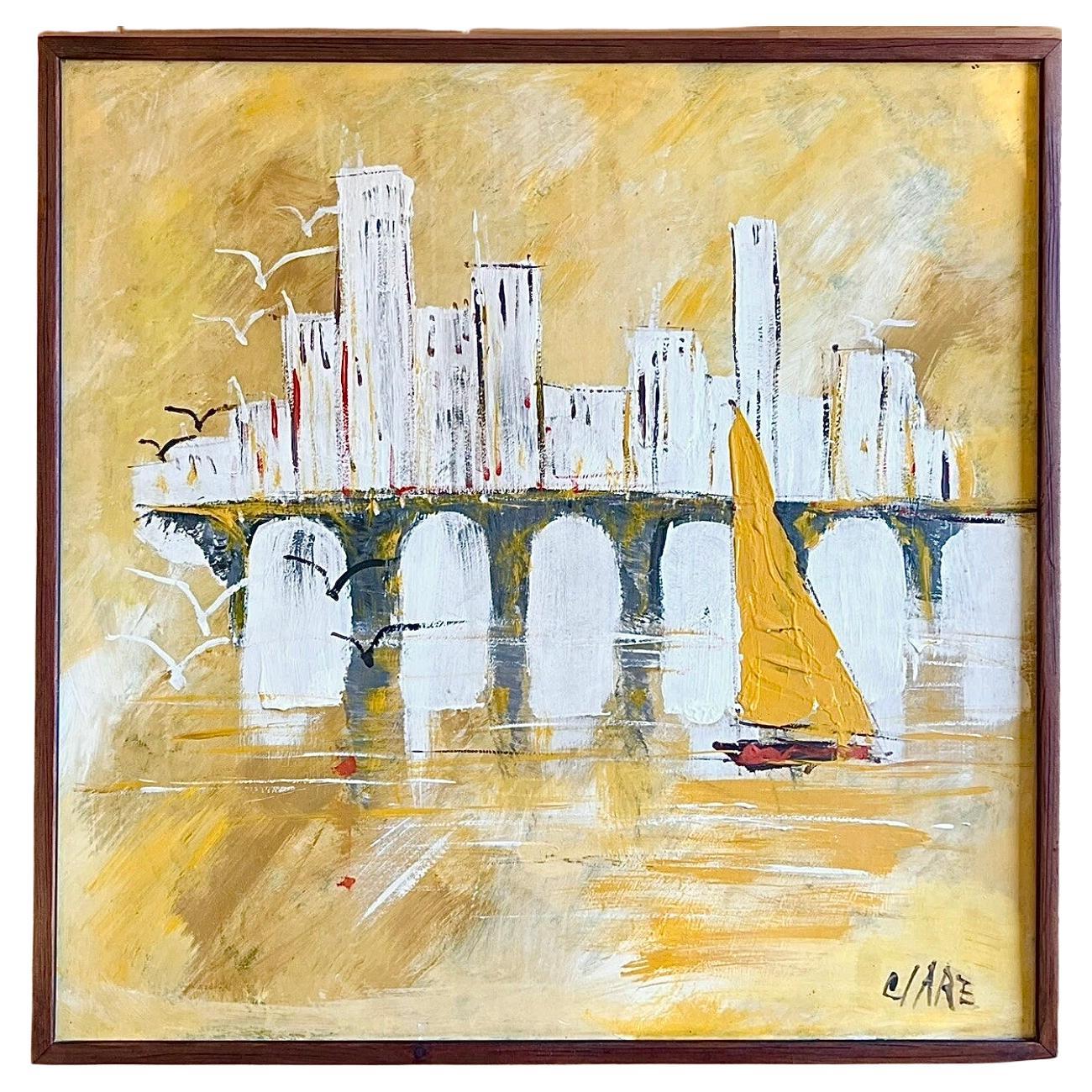 Frisman Vintage 60s MCM Abstract Sailboat Nautical Clare Vanguaard Reynolds Oil Painting Framed