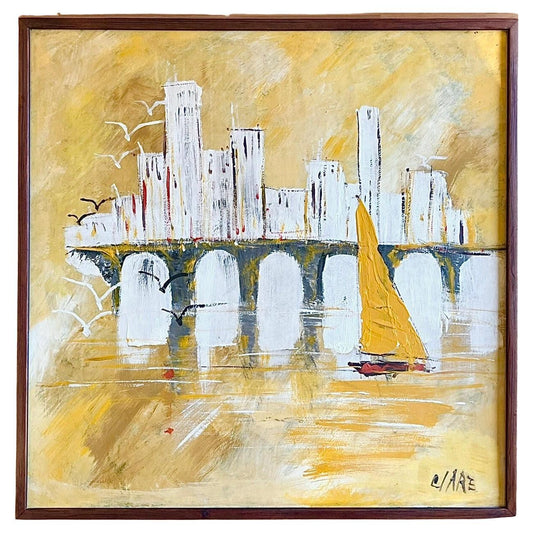 Frisman Vintage 60s MCM Abstract Sailboat Nautical Clare Vanguaard Reynolds Oil Painting Framed