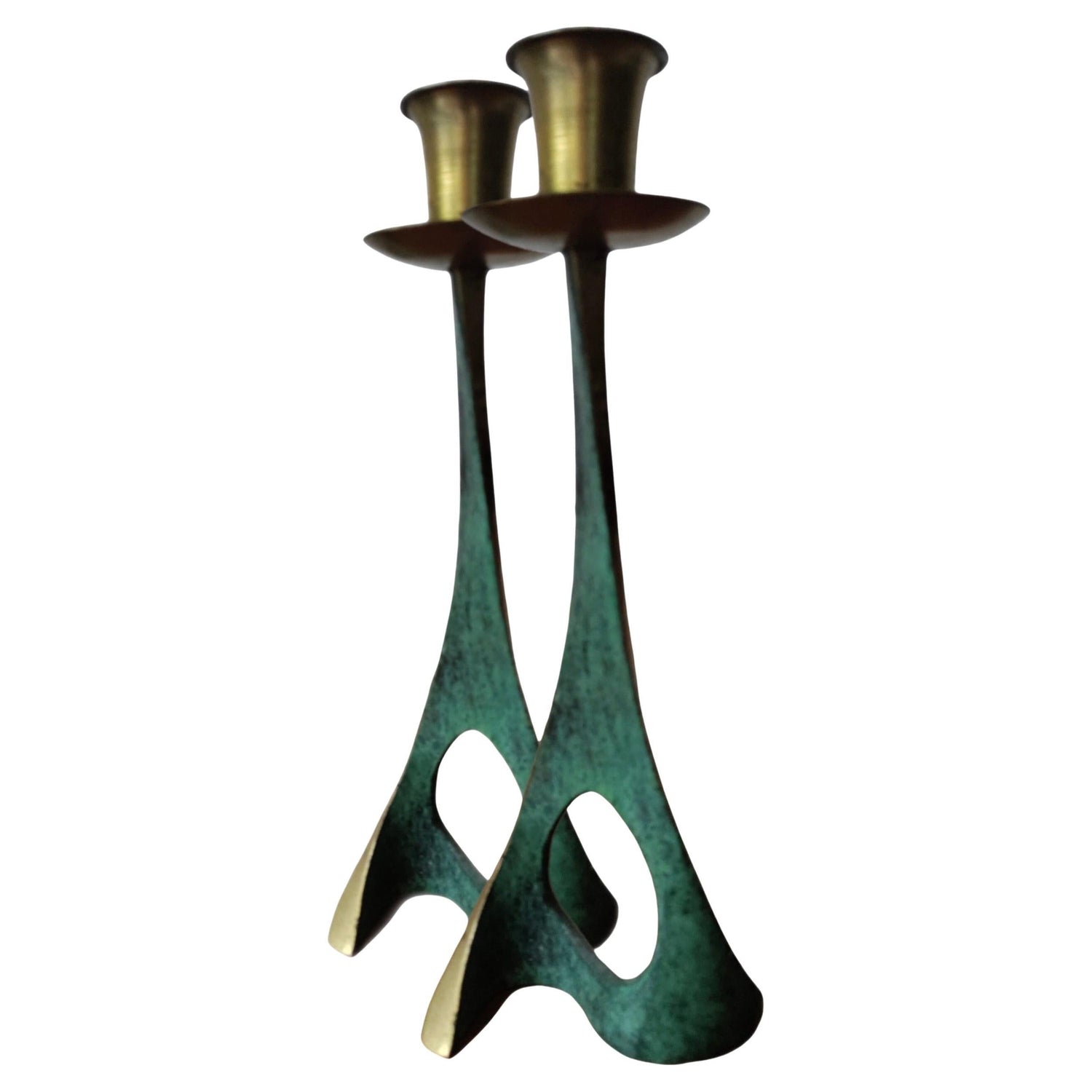Frisman Vintage 50s Pair Vintage Pal Bell Abstract Modernist Brass Verdigris CandleHolder Israel